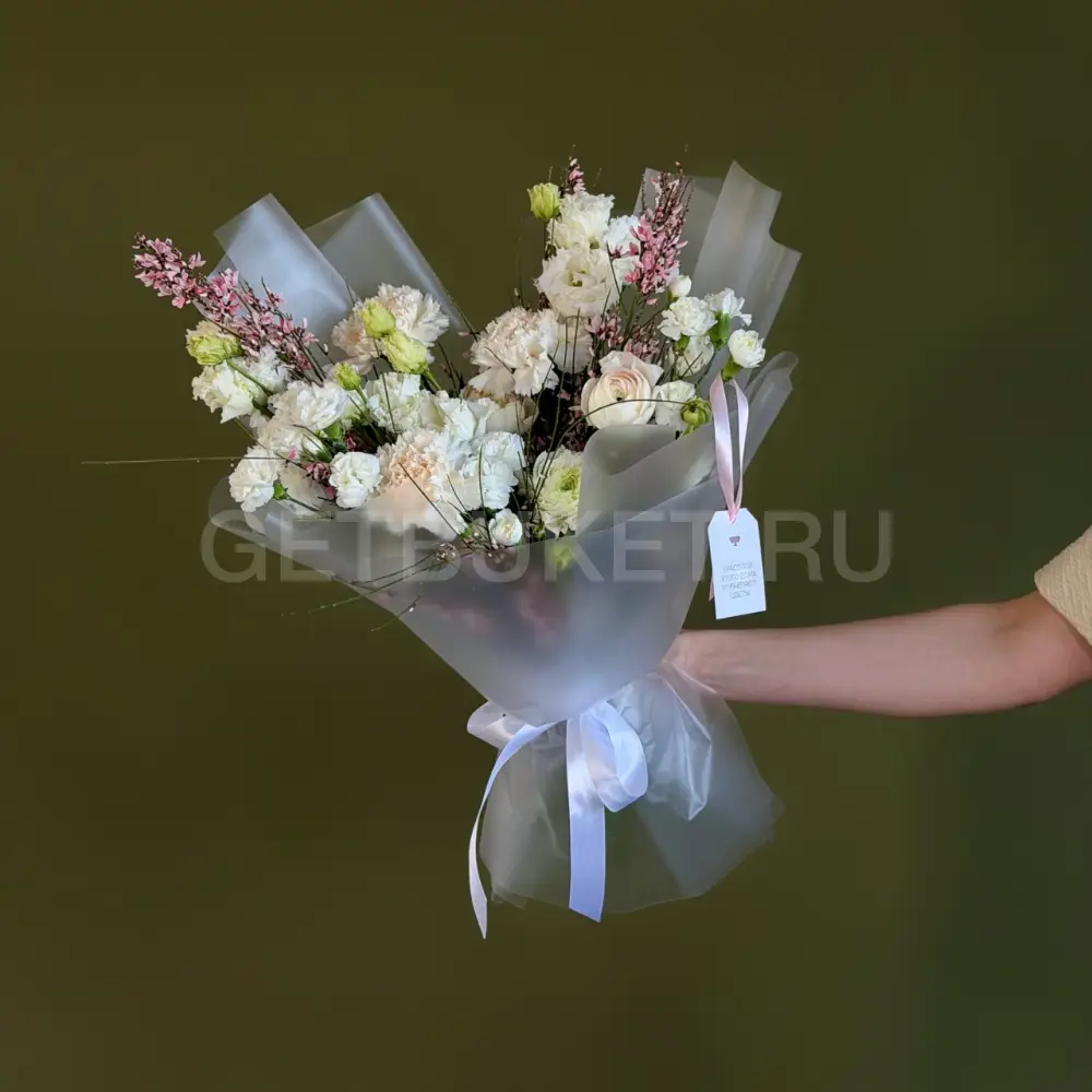 226531 Букет с генистой, кустовой гвоздикой и эустомой 