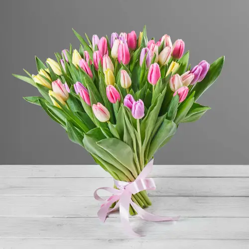 Букет из 51 нежно-цветного тюльпана